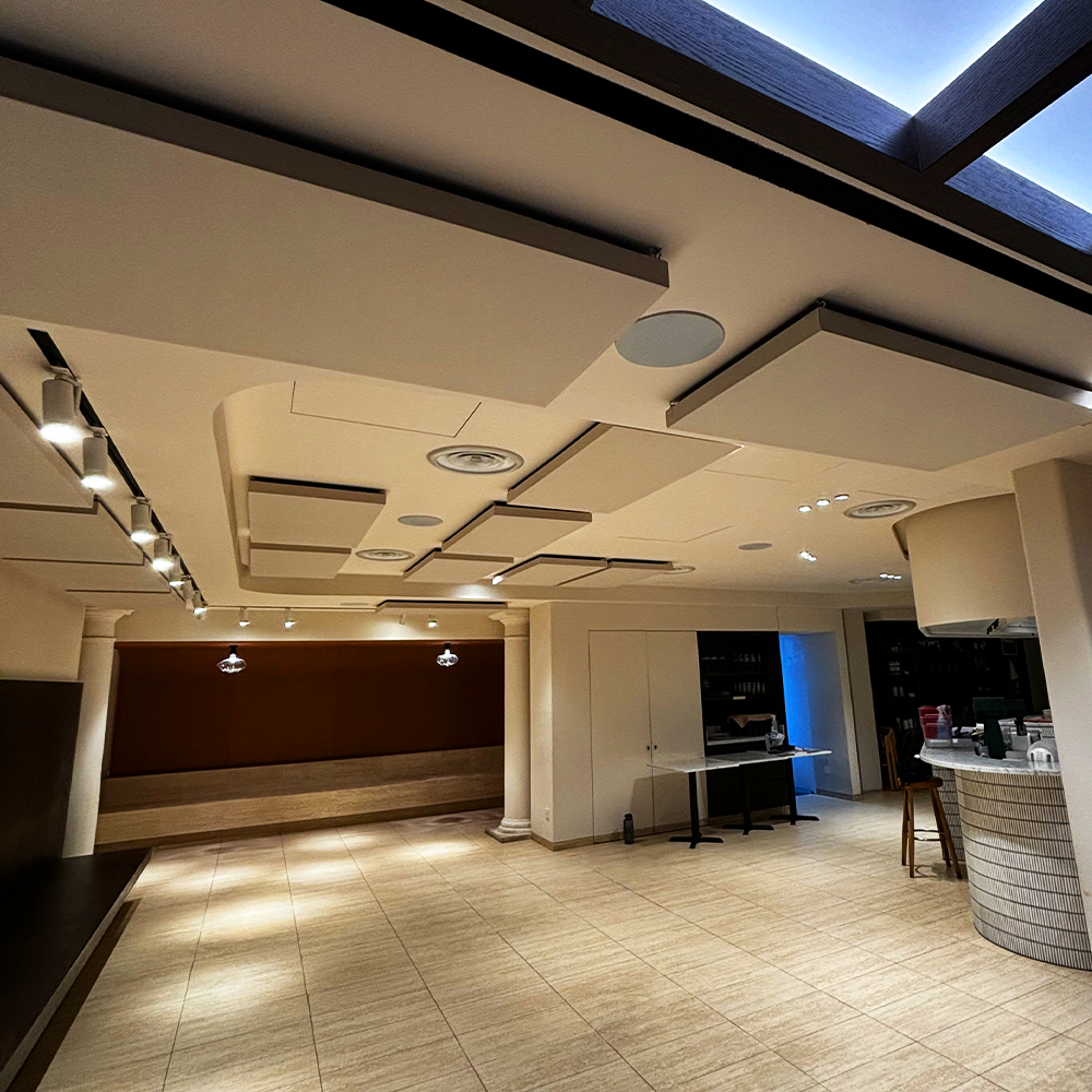 Dough Cafe installed with acoustic panels on the ceiling